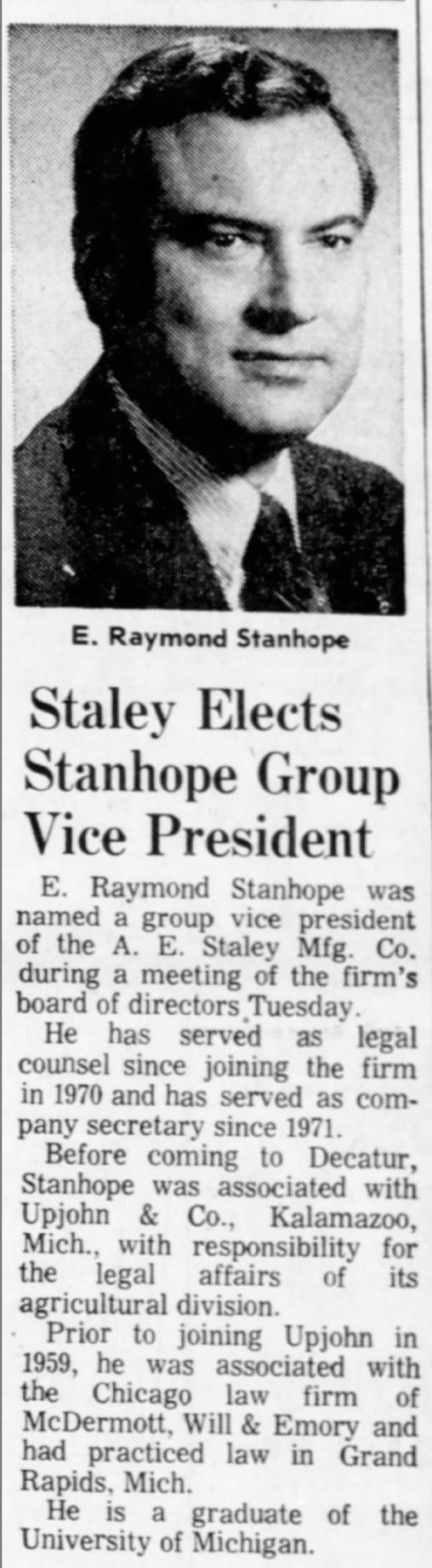 Staley elects Stanhope group vice president